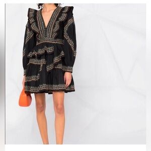 ULLA JOHNSON Anais Mini Dress Ruffle Embroidered V-Neck Black